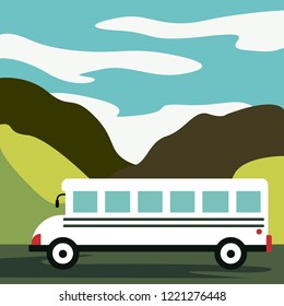 Time to travel. Flat vector yellow bus goes on the highway in the desert. Mountains, road and clouds landscape. Banner concept template