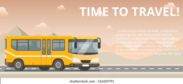 Time to travel. Flat vector yellow bus goes on the highway in the desert. Mountains, road and clouds landscape. Banner concept template