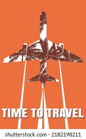 Time To Travel Flight Poster. Airplane in the sky, silhouette