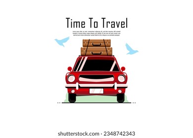 Time to travel, Front view personal car with suitcase on isolated background, Vector illustration.