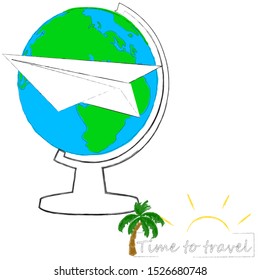 Time to travel .Time for fun.Traveling scene with globe,paper plane,sun and palm.Vacation.World.