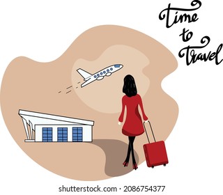 time to travel, girl. airport, fashion flat illustration isolated on bright background. Concept for logo, print, cards