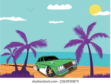 Time to travel green car on the beach. Tropical seachore, sea, ocean, back view. Summer adventure, specially t-shirt, game logo, banner, poster and another usege Vector illustration.