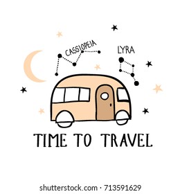 Time to travel. Hand drawn illustration with car and constellations. Outdoor adventure