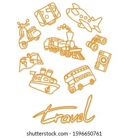 Time to travel with hand drawn yellow suitcase camera double decker steamboat airplane map moped vintage train lettering white isolated stock vector illustrtation 