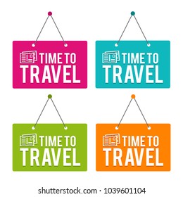 Time to Travel hanging Door Sign. Eps10 Vector.