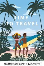 Time to Travel Happy Couple on Summer Vacation Beach. Wife and Husband with Surfboard enjoying Beach Vacation walking on Sand Sea Ocean Having Fun at Beach on Seashore Floral. Vector Illustration