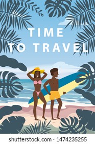Time to Travel Happy Couple on Summer Vacation Beach. Wife and Husband with Surfboard enjoying Beach Vacation walking on Sand Sea Ocean Having Fun at Beach on Seashore Floral. Vector Illustration