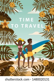 Time to Travel Happy Couple on Summer Vacation Beach. Wife and Husband with Surfboard enjoying Beach Vacation walking on Sand Sea Ocean Having Fun at Beach on Seashore Floral. Vector Illustration