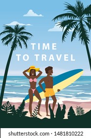 Time to Travel Happy Couple on Summer Vacation Beach. Wife and Husband with Surfboard enjoying Beach Vacation walking on Sand Sea Ocean Having Fun at Beach on Seashore Floral. Vector Illustration