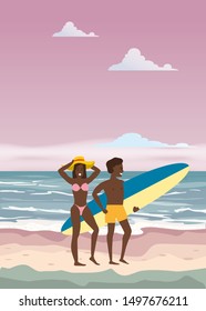 Time to Travel Happy Couple on Summer Vacation Beach. Wife and Husband with Surfboard enjoying  walking on Sand Sea Ocean Having Fun at Beach on Seashore. Vector Illustration poster