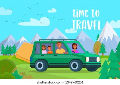 Time to Travel Horizontal Banner. Family Vacation Drive Trip by Car at Mountains and Hills. Parents with Son and Daughter Travel by Vehicle. Camping Vacation with Tent Cartoon Flat Vector Illustration