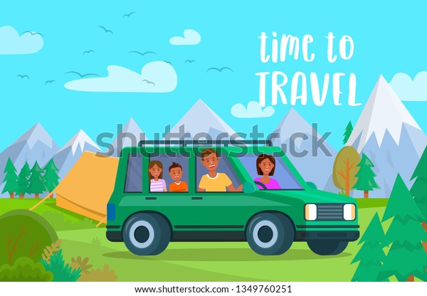 Time to Travel Horizontal Banner. Family\
Vacation Drive Trip by Car at Mountains and Hills. Parents with Son\
and Daughter Travel by Vehicle. Camping Vacation with Tent Cartoon\
Flat Vector Illustration