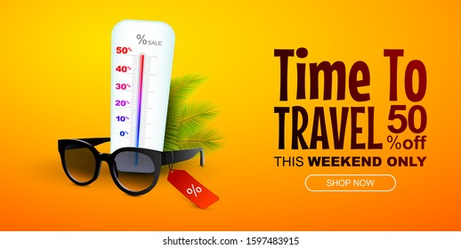 Time to travel horizontal sale banner  or discount coupon. Black sunglasses with thermometer shows discount percentage Creative summer holiday discount banner with plam leaves.