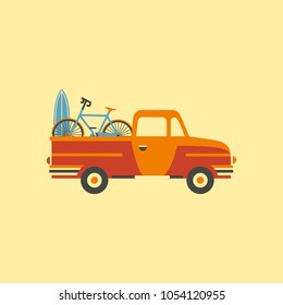 Time to travel icon. Flat line tourism trip symbol sign. Mini bus vehicle with luggage driving. Vacation trip by van car. Outdoor tourist adventure advertisement banner background. Vector illustration