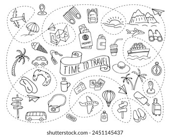 Time to travel. Icon set of elements for summer vacation travel, hand drawn vector doodles in line style. Line contour  in sketch style.