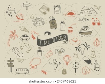 Time to travel. Icon set of elements for summer vacation travel, hand drawn vector doodles in sketch style.