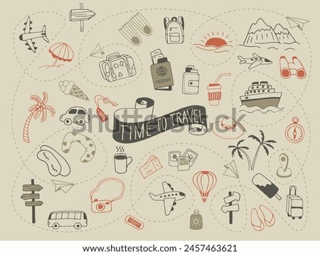 Time to travel. Icon set of elements for summer vacation travel, hand drawn vector doodles in sketch style.