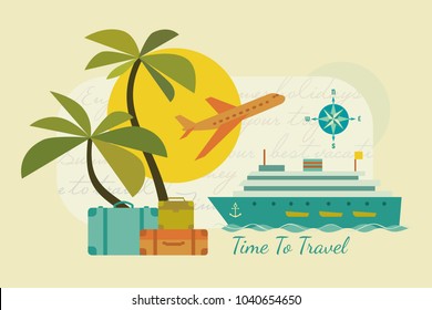 Time to travel icons. Flat tourism trip symbol collection. Ocean liner cruise tour. Seaside leisure resort. Airplane flight to seashore advertisement banner background. Vector retro color illustration