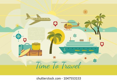 Time to travel icons. Flat tourism trip symbol collection. Ocean liner cruise tour. Seaside leisure resort. Airplane helicopter flight advertisement banner background. Vector retro color illustration
