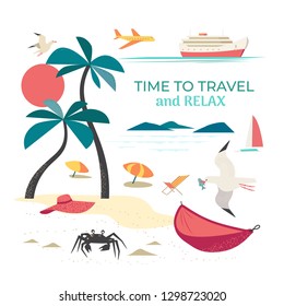 Time to travel icons. Flat tourism trip sign collection. Resting relaxing design element. Seaside rest relax journey. Seashore leisure advertisement background. Vector vintage retro color illustration