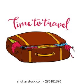 Time to travel illustration of  brown bag with clothes. Hand drawn doodles isolated on white background.