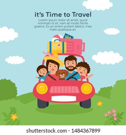 It's Time to Travel illustration. Happy family, children and dog travel with suitcases by car. Mother, father, daughter, son hit the road. Summer cartoon illustration.