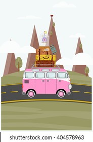Time to travel. Illustration of an old car on a landscape background. Flat vector