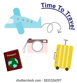 time to travel Illustrator vector with camera, suitcase, passport and airplane