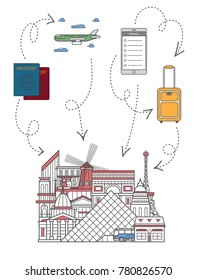 Time to travel infographics with famous french architectural attractions, travel bag, passport, plane, smartphone in linear style. Online tickets ordering, europian tour advertising vector background.