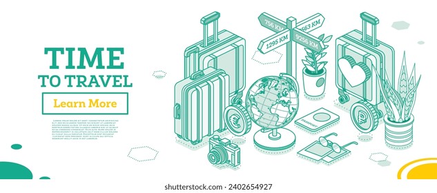 Time to travel. Isometric outline touristic concept. Travel bags, suitcases, passport, foto camera, globe and money. Vector illustration.