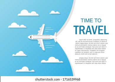 Time to travel landing page template. Tourism and transport business. Copy space for text input. Vector illustration in flat design. Airlines flying through clouds in the blue sky. Top view.
