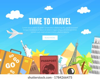 Time to Travel Landing Page Template, Travel Agency Website Interface Vector Illustration