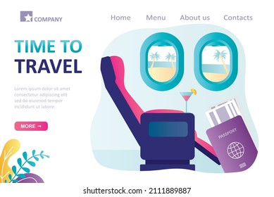 Time to travel, landing page template. Interior of comfortable business class in airplane. Vacation in exotic countries. View from portholes of plane on tropical beach. Exciting trips abroad. Vector