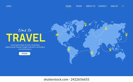 Time to travel landing page template. World map and airplane route on web page layout, tourism and travel business concept. Agency website. Vector illustration