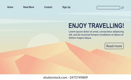 Time to travel landing page template desert landscape tour. Beautiful flat hot desert dunes 2d cartoon flat banner.