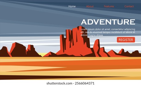 Time to travel landing page template. Death Valley National Park advertisement. Tourism and outdoor recreation