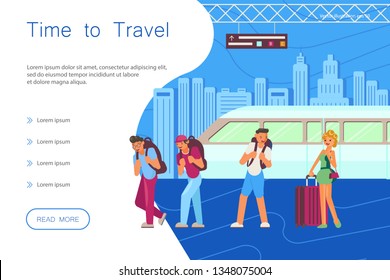 Time for travel landing. Voyage for Young travelers characters. People at the platform on railway station. Flat Art Vector illustration