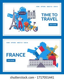 Time to travel, lets go in France, studying landing set vector illustration. Website page learning foreign language courses, online education. Tourism to Europe for knowledge, country elements.