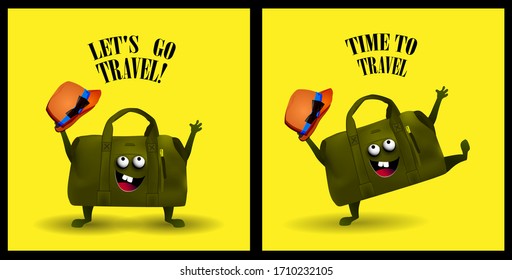 Time to travel, let's travel. Set of greeting cards. Suitcases are cute funny characters. Vector illustration. Tourism concept. TIME TO TRAVEL