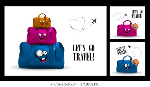 Time to travel, let's travel. Set of greeting cards. Suitcases are cute funny characters. Vector illustration. Tourism concept. TIME TO TRAVEL