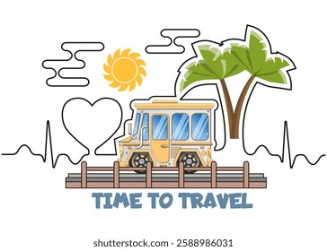 Time to travel. Lettering. Side view. Van against the background of heart and pulse. Isolated on white background. Vector illustration.