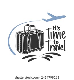 Time to travel lettering with suitcase and airplane. Calligraphic inscription, quote, phrase. Postcard, typographic design, print. Vector