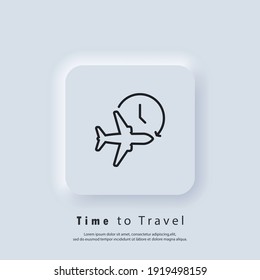 Time to travel logo. Flight time icon. Travel icon. Travel plane symbol, logo. Timer and airplane icon. Vector EPS 10. UI icon. Neumorphic UI UX white user interface web button. Neumorphism