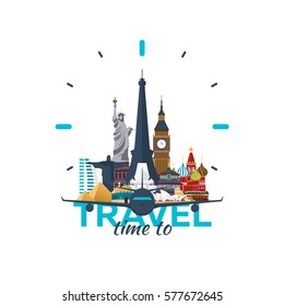 Time to travel logo. Vector flat illustration