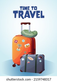 Time to travel. Luggage bags, suitcases, baggage, travel bags. Vacation, holiday. Vector trendy illustrations. Cartoon style. Greeting cards