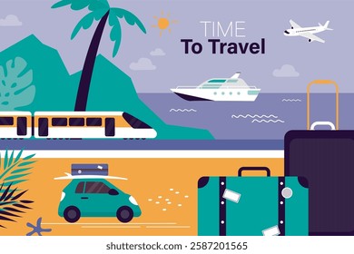 Time to travel. Luggage and various transport. Tropical beach. Trip to another end of world. Comfortable modern way to travel. Advertising template for poster, banner, flyer. flat vector illustration