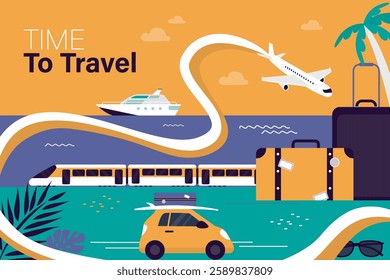 Time to travel. Luggage and various transport. Tropical beach. Trip to another end of world. Comfortable modern way to travel. Advertising template for poster, banner, flyer. flat vector illustration