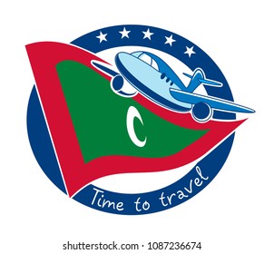 Time of travel to the Maldives. Aircraft on the background of the state flag.