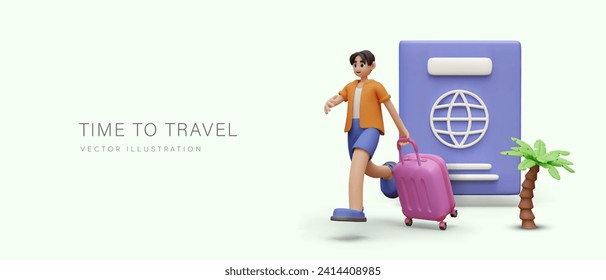 Es hora de viajar. El personaje masculino corre con maleta. pasaporte gigante en 3D, palmera de fondo amarillo. Concepto de turismo moderno. Vacaciones en el complejo. Viaje a otros países, turismo